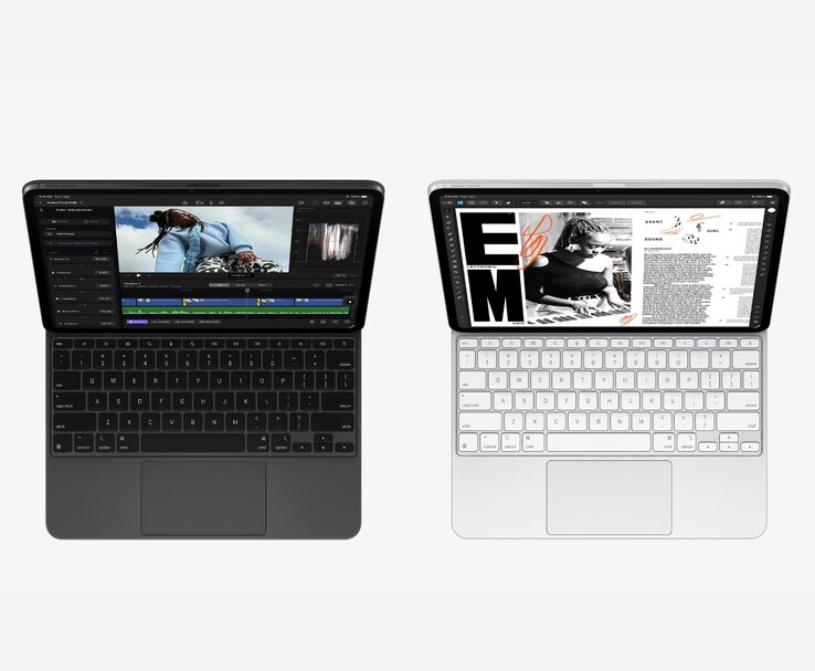 Apple iPad Pro M5 models in space black and silver with Magic Keyboard, showing video editing and document apps on the Ultra Retina XDR OLED display (Image source: Apple)