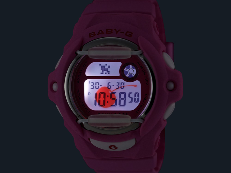 A cherry is shown when the user triggers the LED backlight on the BG-169CH watches. (Image source: Casio)