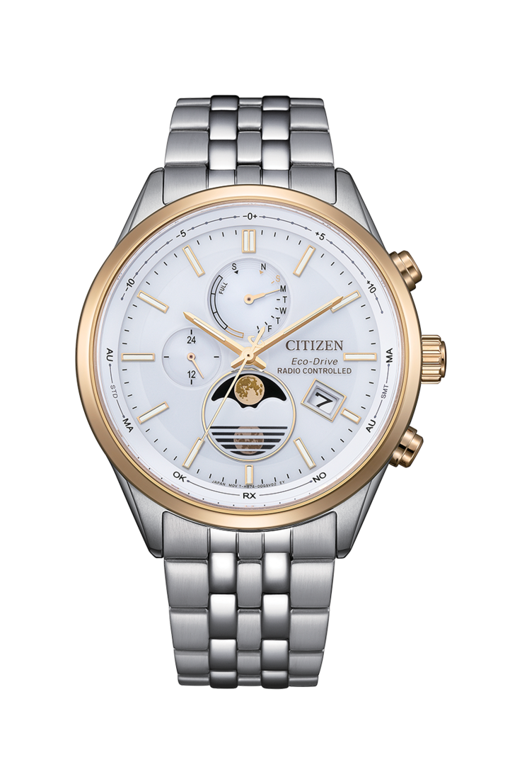 Citizen BY1034-59A Eco-Drive moonphase watch featuring a white dial, two-tone stainless steel bracelet.