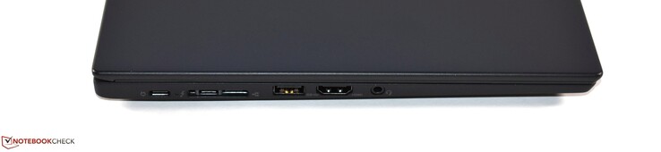 Left side: 1x USB 3.1 Gen1 Type-C (which can be used to charge the laptop), 1x Thunderbolt 3, miniEthernet, 1x USB 3.0 Type-A, HDMI 1.4b, combined 3.5mm audio jack