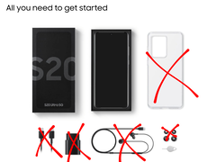 Samsung Galaxy retail box contents showing a phone, box, and case, with a charger, cable, and earphones crossed out