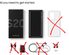 Samsung Galaxy retail box contents showing a phone, box, and case, with a charger, cable, and earphones crossed out