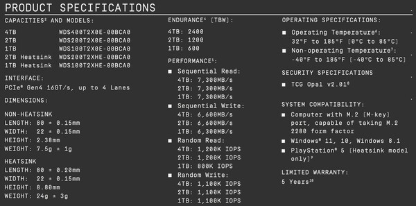 The official data sheet for the WD Black SN850X 8TB SSD (Image source: Western Digital)