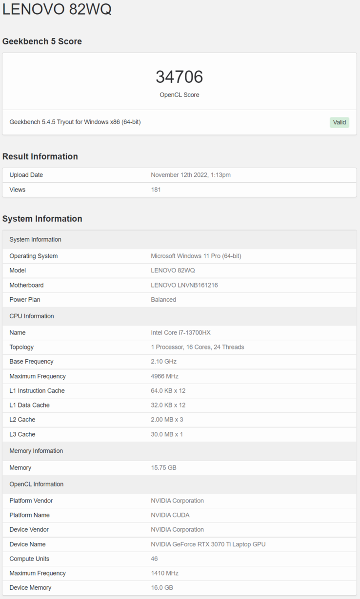 Intel Raptor Lake Core i7-13700HX در Lenovo IdeaPad 330 در Geekbench.  (منبع: Geekbench)