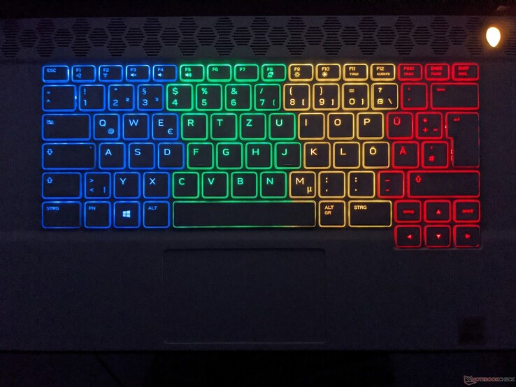 Alienware m15 R4 standard quad-zone keyboard. Note that all the key symbols are lit here