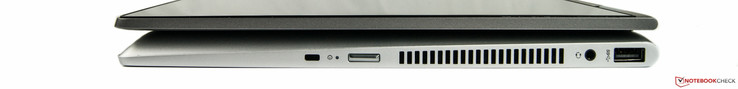 Left side: USB-A, combined stereo jack, power, security lock