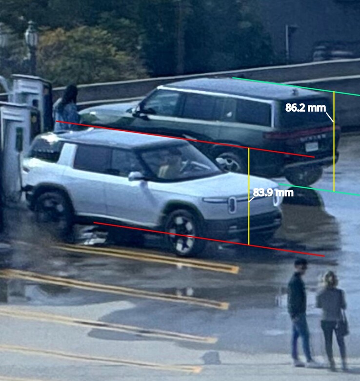 The images of the alleged Rivian R2 depict very small differences in vehicle proportions, although the images are low quality and much of the R1S is obscured, making comparisons difficult. (Image source: Reddit - edited)