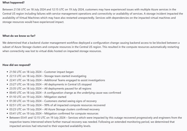 Timeline of MS Central US Azure outage caused by bad configuration change. (Image source: Microsoft)