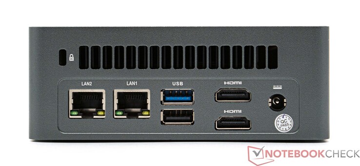 Rear: 2x 2.5G LAN, 1x USB 3.2, 1x USB 2.0, 2x HDMI 2.0 mains connection (12 V; 5 A)