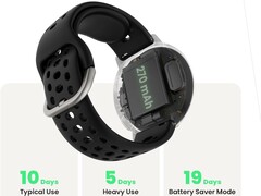 Amazfit Active 2 Sport promotional graphic highlighting its 270 mAh battery and claimed battery life of up to 10 days (typical use), 5 days (heavy use), or 19 days in battery saver mode.