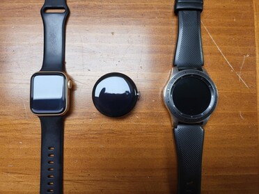 40 mm Apple Watch on the left, 46 mm Galaxy Watch on the right.