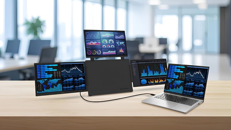 The image shows the Acer PD163Q portable monitor paired with a laptop in screen extension mode 