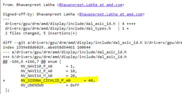 AMD Sienna CiChlid "40" reference in Linux driver patches. (Source: Freedesktop)