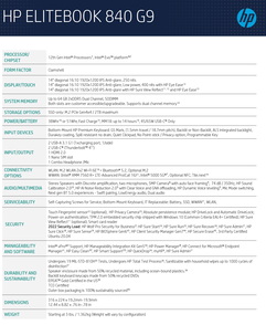 HP EliteBook 840 G9 - Specifications. (Source: HP)