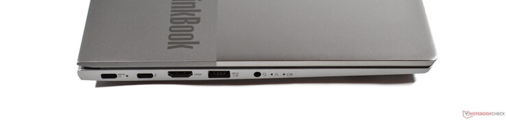 Left: USB-C 3.2 Gen 2, Thunderbolt 4, HDMI 2.0, USB-A 3.0, 3.5 mm audio jack