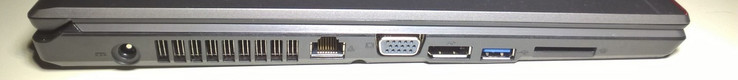 Left side: DC power socket, Ethernet port, VGA port, DisplayPort output, 1 USB 3.0 port, SD card reader