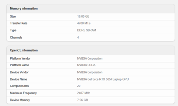 GeForce RTX 5050 laptop specs (image source: Geekbench)