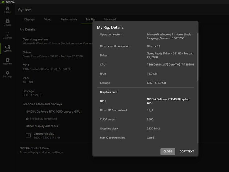 Nvidia rig details on the Lenovo LOQ 16IRH8