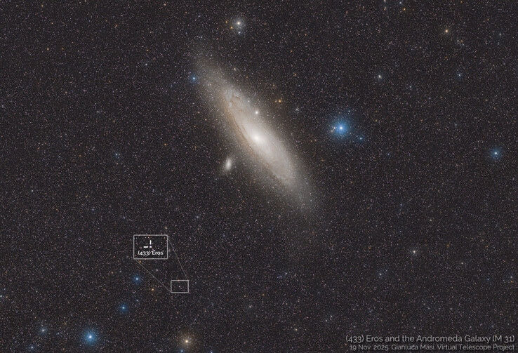 Image showing the location of 433 Eros and the Andromeda galaxy on November 19, 2025. (Image source: Gianluca Masi, Virtual Telescope Project)