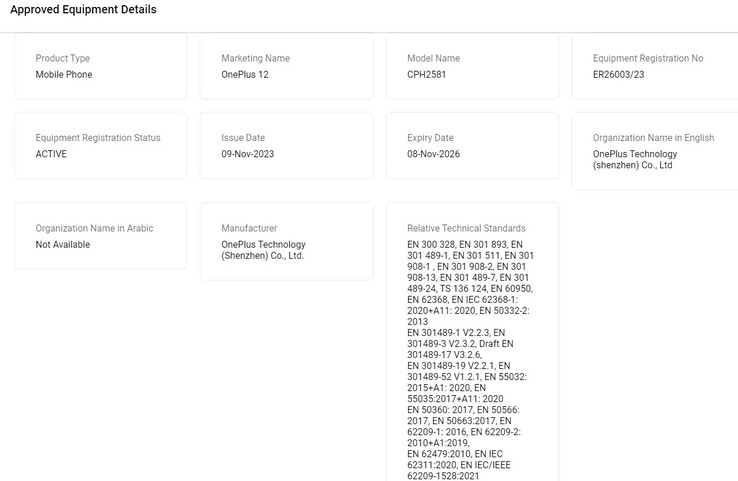 The OnePlus 12 reportedly makes it onto the TDRA database. (Source: TDRA via MySmartPrice)