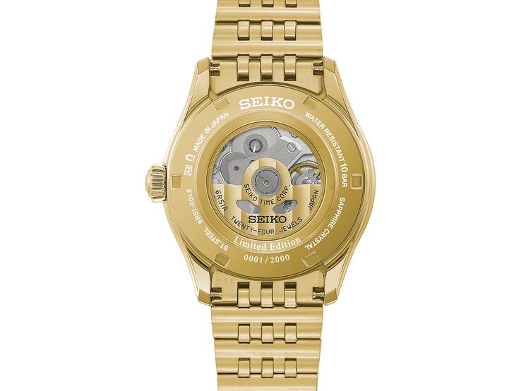 Gold-tone case back of the Seiko Presage Classic x Tradman’s Bonsai showing its automatic movement, limited-edition marking, and serial number.