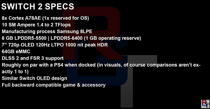 Alleged Nintendo Switch 2 specs. (Image source: RedGamingTech)