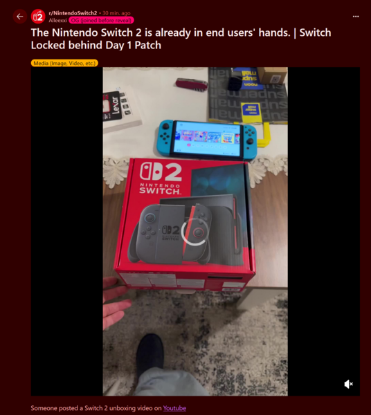 Nintendo Switch 2 unboxing video Reddit post (Image source: Nintendo Switch 2 subreddit)