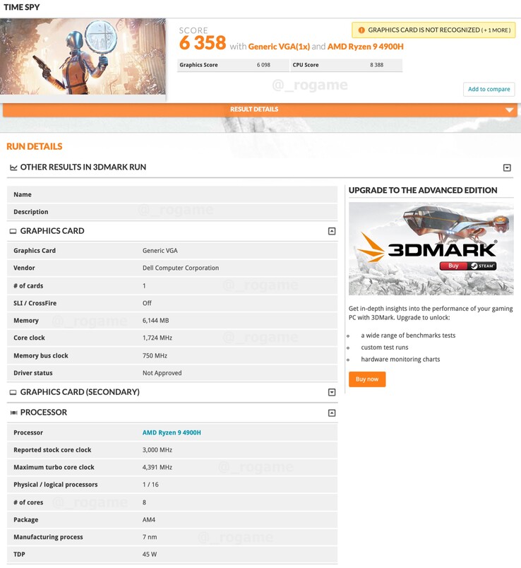 The Ryzen 9 4900H scored just 8388 on Time Spy's CPU test (Image source: @_rogame)