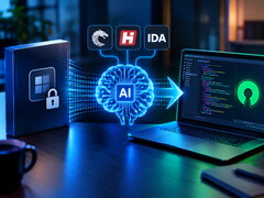 Desk with a laptop, AI cracks software and reproduces code