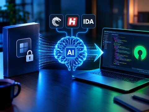 Desk with a laptop, AI cracks software and reproduces code
