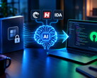 Desk with a laptop, AI cracks software and reproduces code