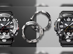 A promotional image for the two new Casio G-Shock Mudmaster watches with the bezels in the middle.