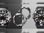 A promotional image for the two new Casio G-Shock Mudmaster watches with the bezels in the middle.