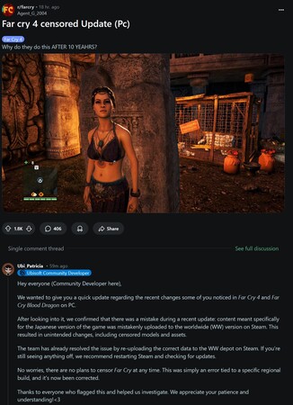 Far Cry 4 censorship post on Reddit (Image source: screenshot, Far Cry 4 subreddit)