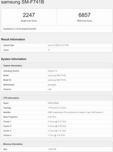 Samsung Galaxy Z Flip6 Geekbench listing with 12 GB RAM (image via Geekbench)