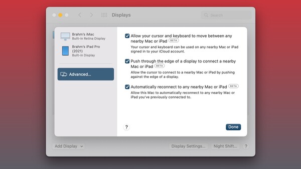 Display settings for Universal Control on macOS Monterey 12.3 Beta 1 (Image Source: Apple/Edited)