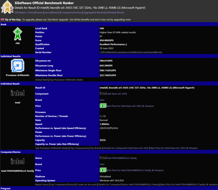 Intel Xeon W5-3433 on SiSoftware Sandra benchmark website. (Source: SiSoftware)