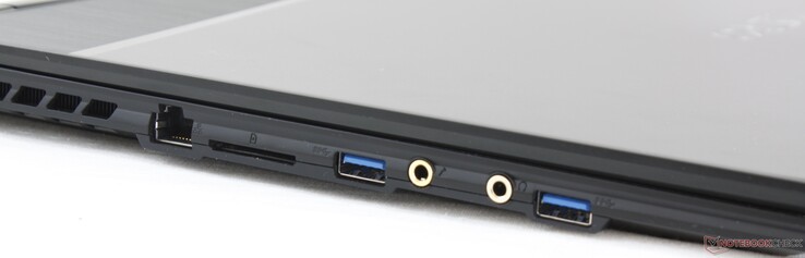 Left: Gigabit RJ-45, SD reader, 2x USB 3.1 Type-A, 3.5 mm mic, 3.5 mm earphones