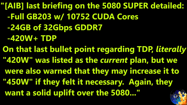 RTX 5080 Super specs leak. (Image source: Moore's Law Is Dead on YouTube)