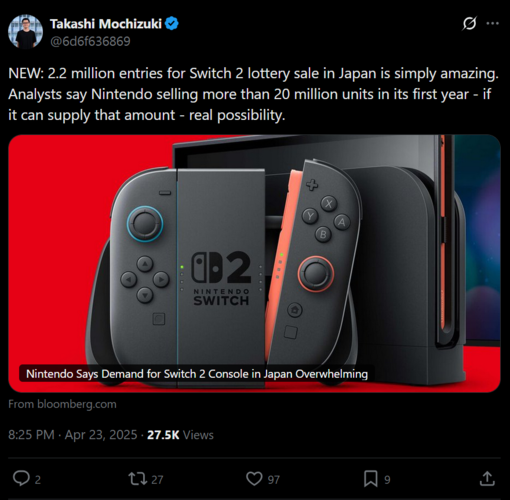 Takashi Mochizuki X post on first year Switch sales (Image source: screenshot, Takashi Mochizuki X account)