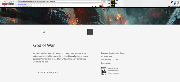 Sony has not removed the "Only on PlayStation" tag from its God of War page. (Image source: Wayback Machine)
