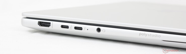 Left: HDMI 2.1, USB-C 3.2 w/ DisplayPort 2.1 + Power Delivery (10 Gbps), USB-C Thunderbolt 4 w/ DisplayPort 2.1 + Power Delivery (40 Gbps), 3.5 mm headset