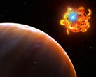 An illustration showing a star, an exoplanet, and a natural satellite.