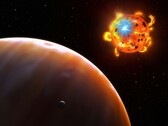 An illustration showing a star, an exoplanet, and a natural satellite.