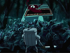 Pictured - a still from the official Kingdoms of the Dump trailer, showing the Trash Can Knight facing a giant pile of garbage. (Image source: Steam)