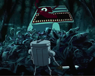 Pictured - a still from the official Kingdoms of the Dump trailer, showing the Trash Can Knight facing a giant pile of garbage. (Image source: Steam)