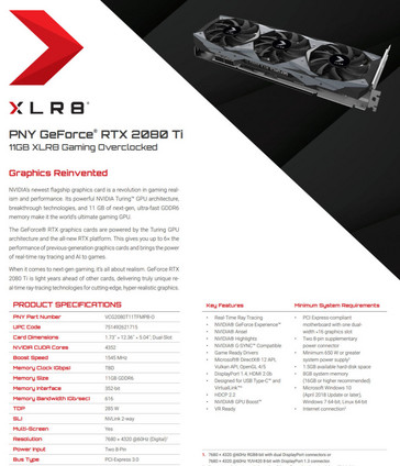 PNY XLR8 GeForce RTX 2080 Ti OC Edition product page and specs. (Source: Videocardz)