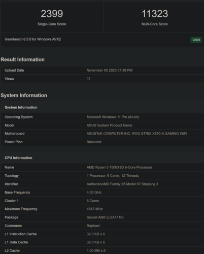 AMD Ryzen 5 7500X3D Geekbench score (image source: Geekbench)