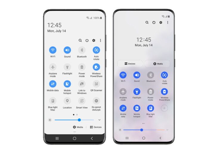 Quick panel in One UI 2 (left) and One UI 3 (right) (Source: Samsung Global Newsroom)