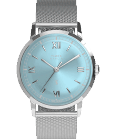 Timex x Todd Snyder Marlin Mesh watch featuring an aqua blue sunburst dial and Milanese bracelet.